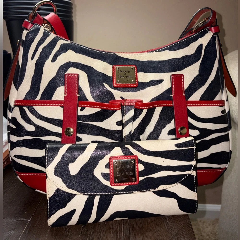 Dooney & Bourke Black and White Zebra Shoulder Bag with Red Trim - Picture 1 of 10